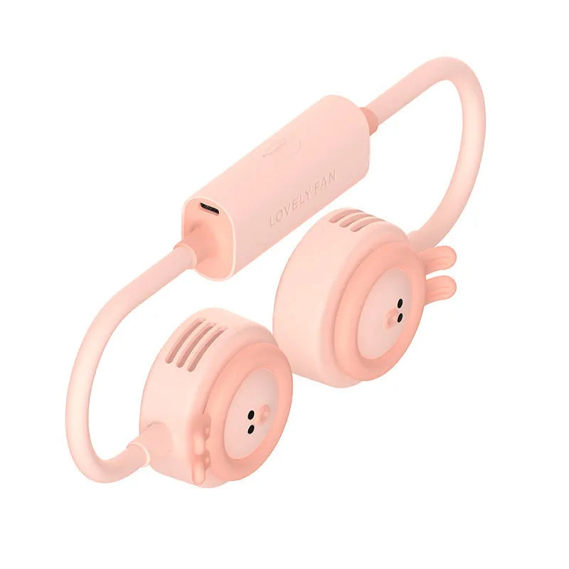 Pink leafless hanging neck fan showing folded design and USB charging port