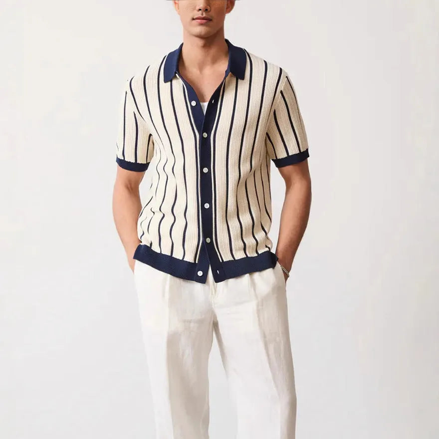 Men's white knitted short sleeve top with asymmetric lapel collar design and striped pattern detail
