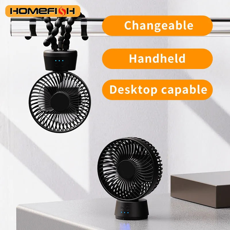 HOMEFISH F2 handheld fan with automatic shaking head, LED light, and removable bracket on a table.