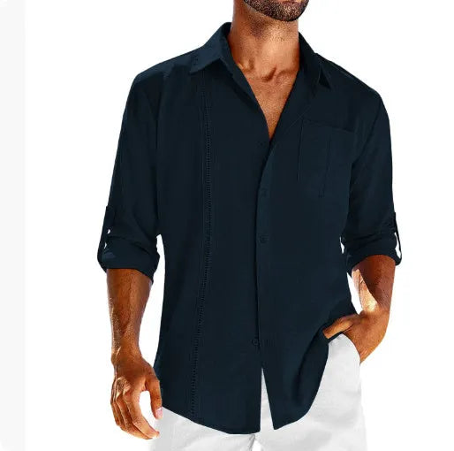 Men's grey long sleeve shirt with polo collar lace detail and button front.