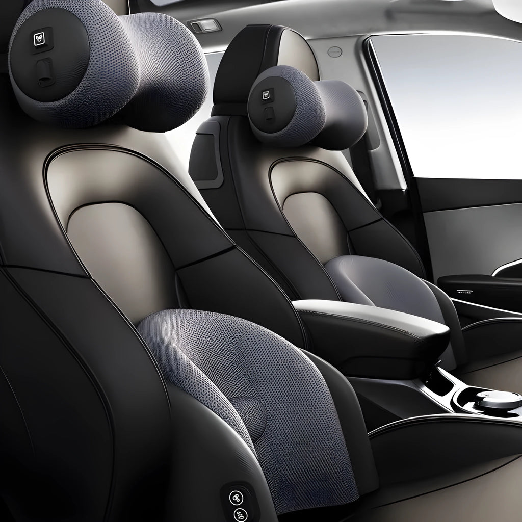 Modular car massage cushion with separate memory cotton headrest and lumbar support units in grey.