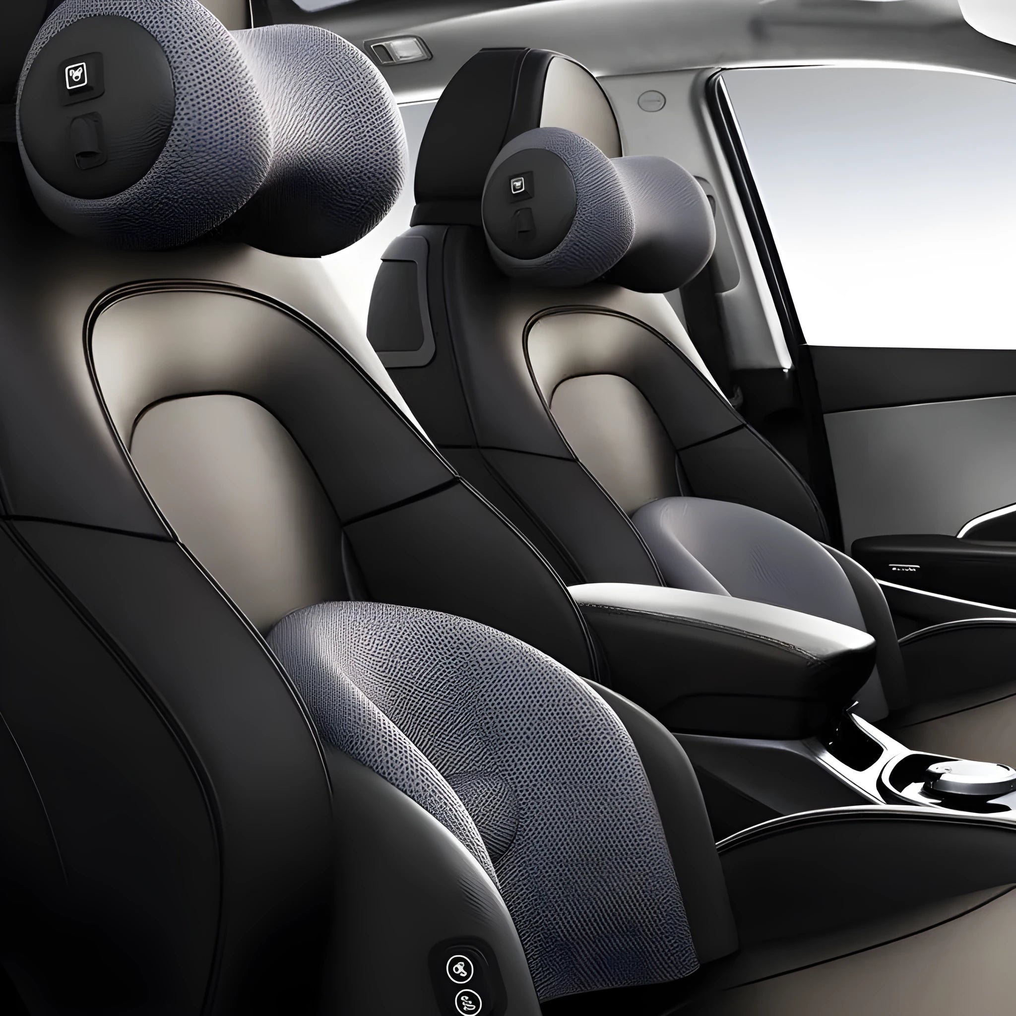 Modular car massage cushion with separate memory cotton headrest and lumbar support units in grey.