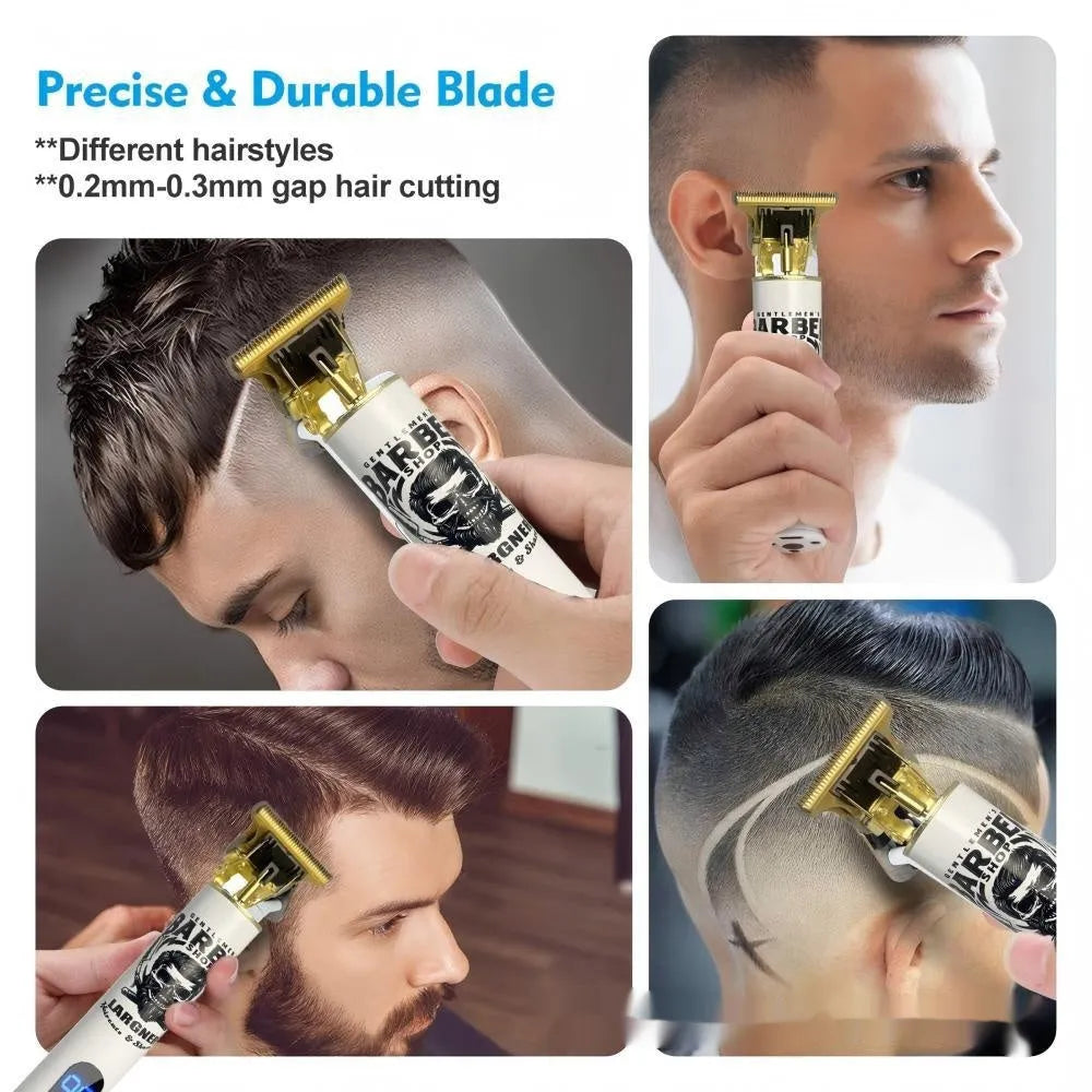 Rechargeable hair clipper with stainless steel cutter head and plastic guards on white background