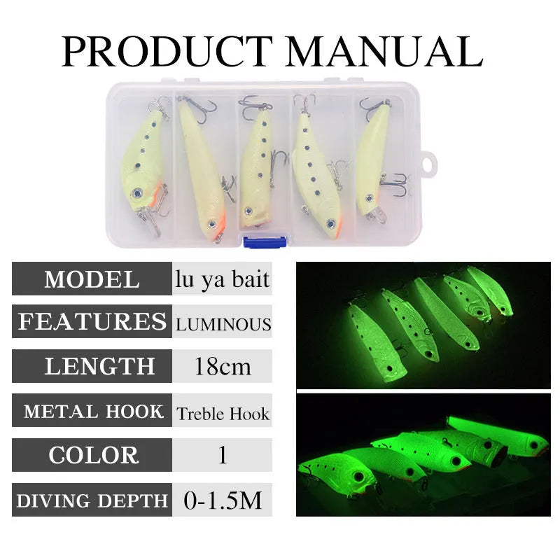 Five 3D fluorescent hard fishing lures with submerged luminous finish in mixed colours