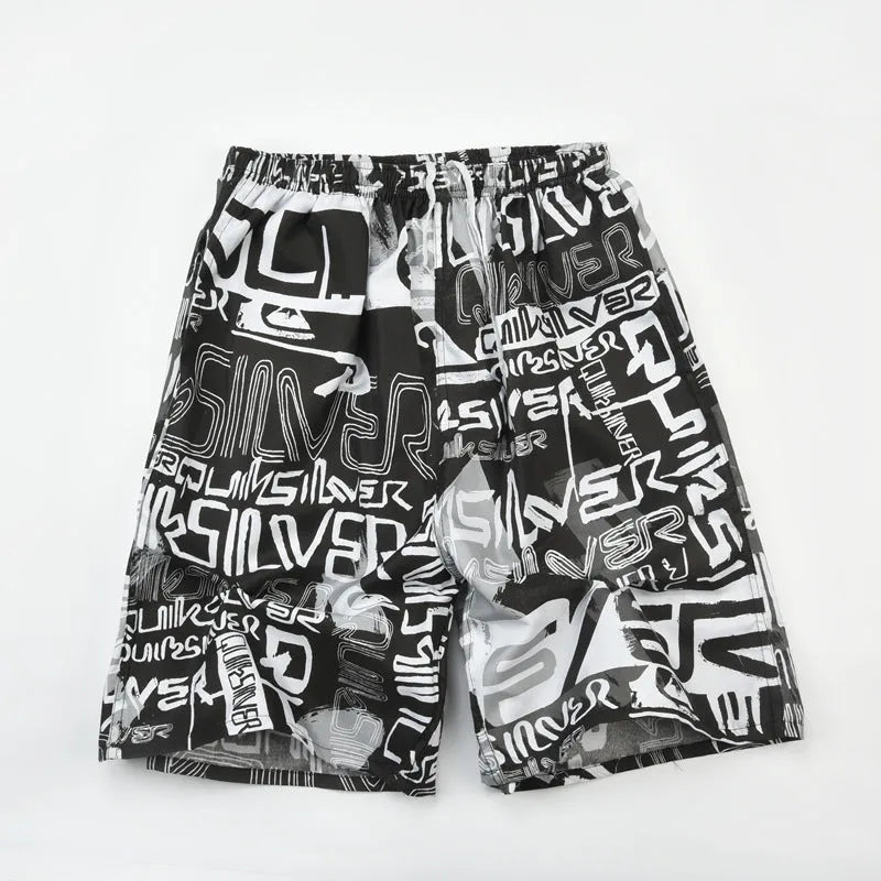 Men's floral printed swimming trunks with five-point design in quick-dry polyester material