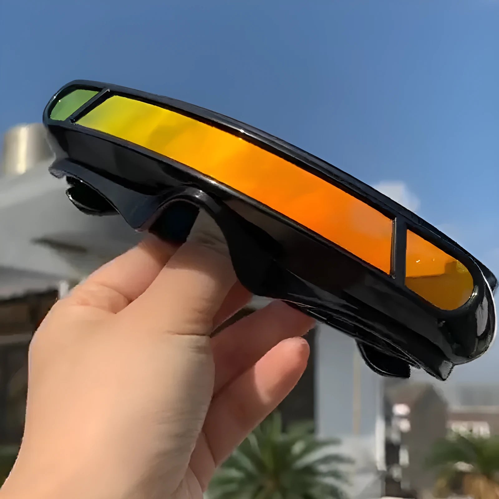 Polarised sports sunglasses with black PC frame and choice of blue mercury, red mercury, or grey lenses