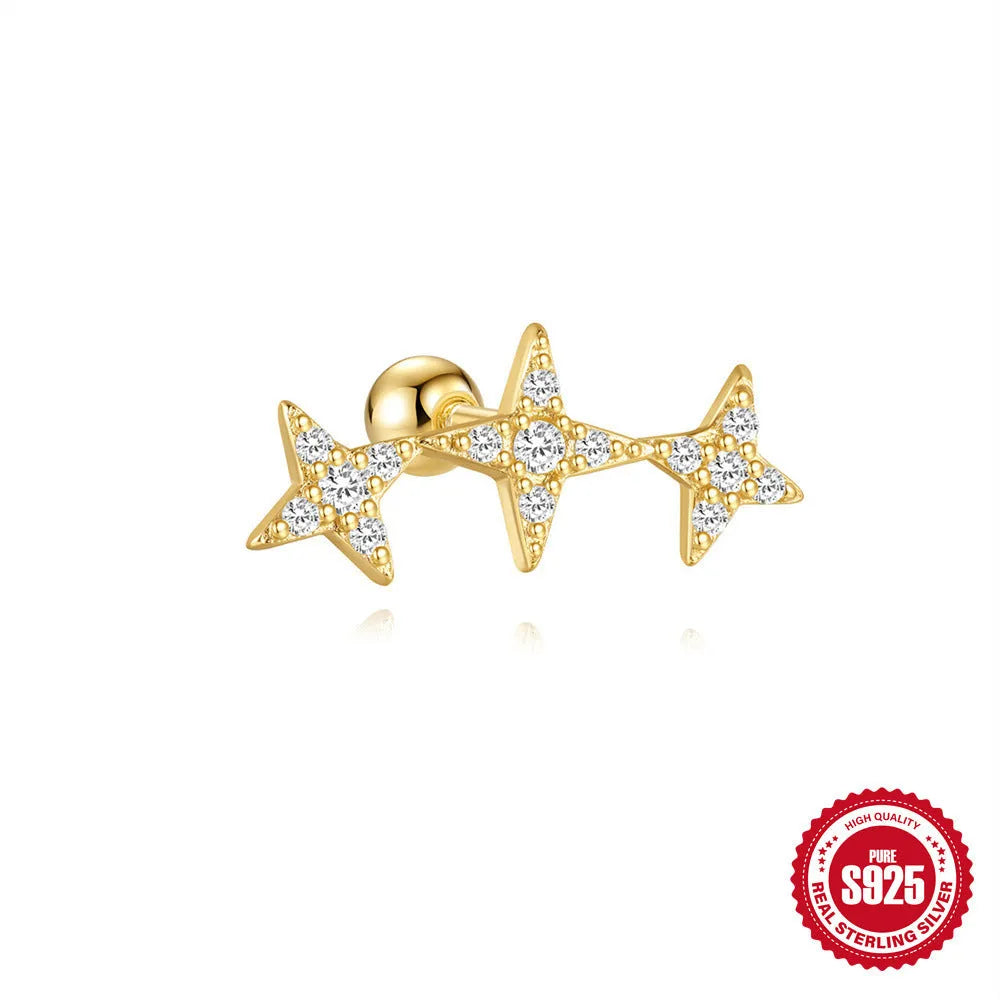 S925 sterling silver stud earrings with red square gravel stones and flower design in gold finish