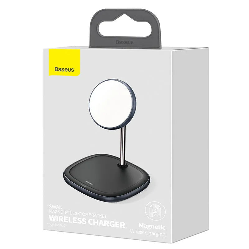 Black magnetic wireless charging stand holding iPhone 12 at angle with Type-C cable connected