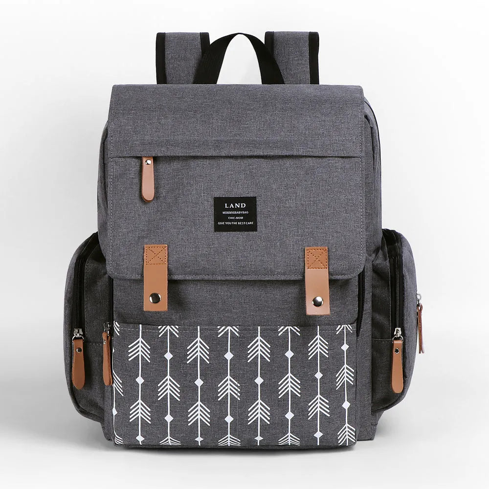 Large Oxford cloth diaper backpack with changing mat in beige colour, dimensions 33x39x15cm
