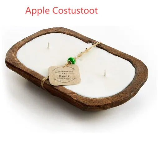 Retro lavender wooden basin containing a soy wax aromatherapy candle with a three-lamp wick.