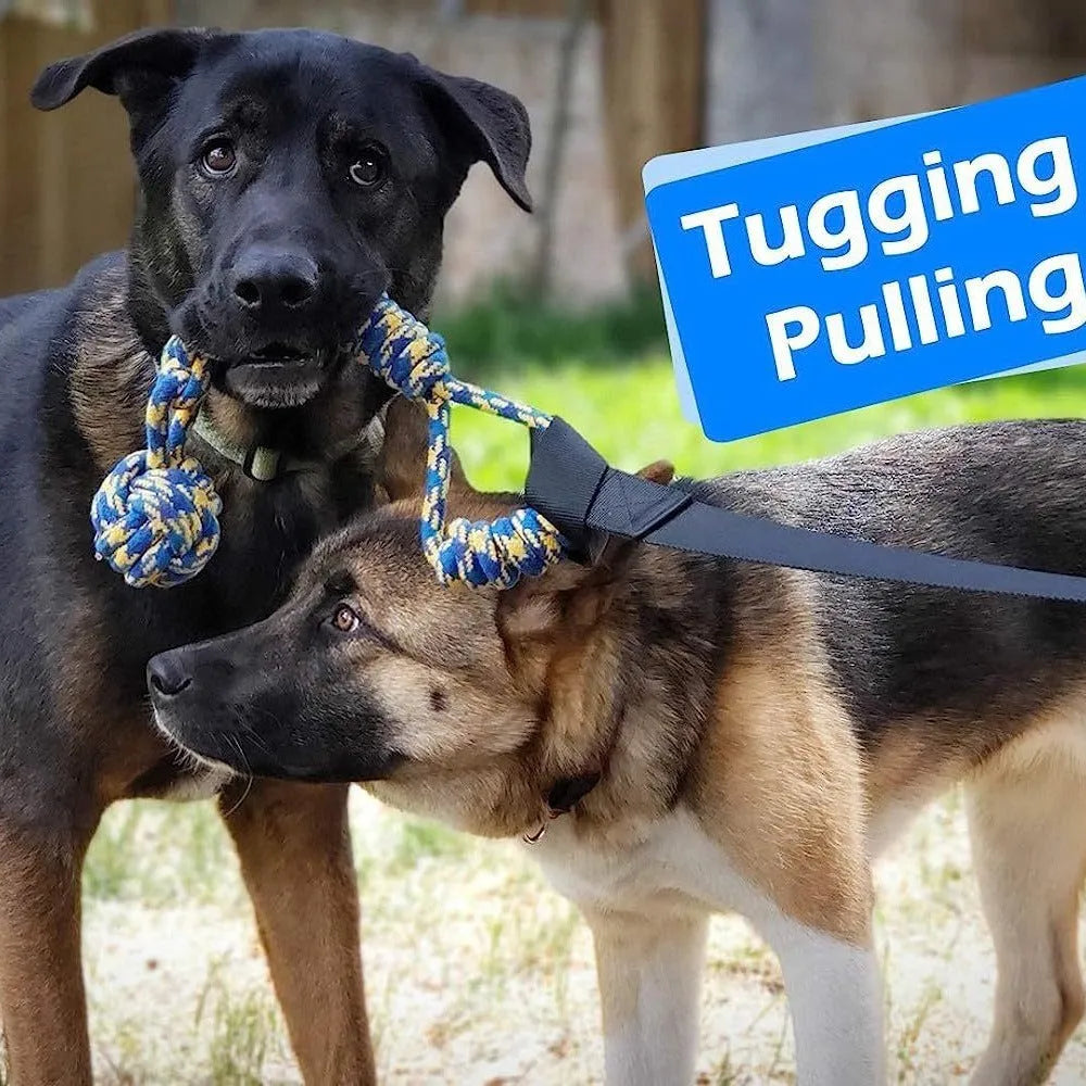 Cotton thread dog tug rope toy with green ball attachment for bite and pull play