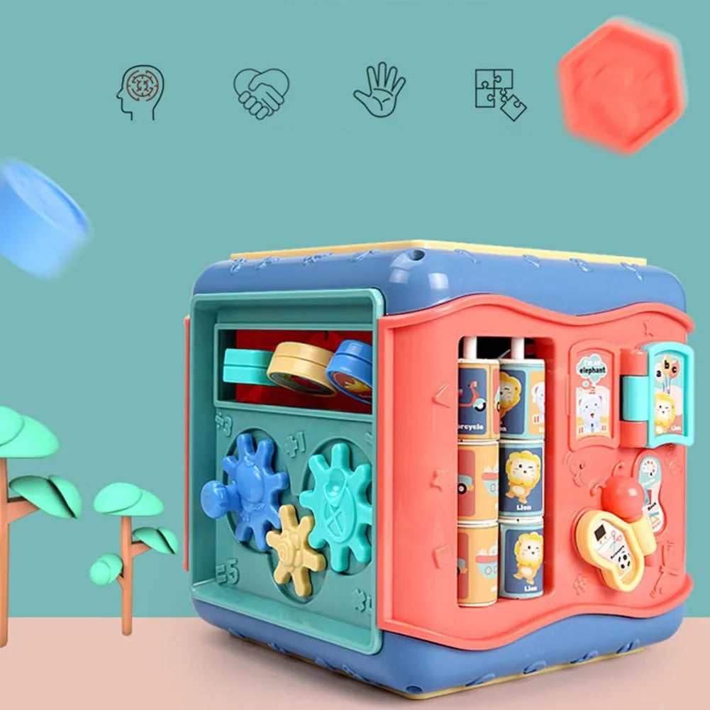 Colourful hexahedron educational toy with six different Montessori activity faces including bead maze and clock