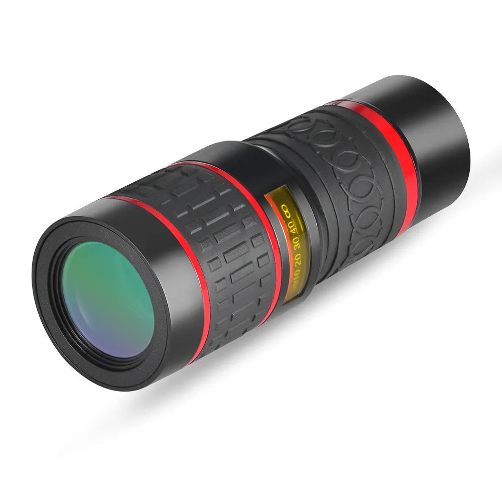 20x magnification mobile phone telescope with universal clip and eyepiece mask on a smartphone.