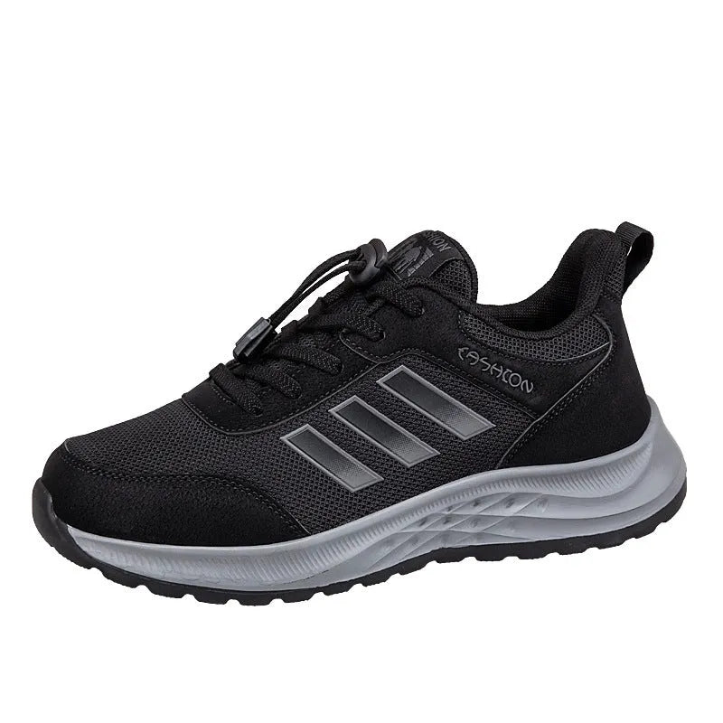 Breathable mesh loafers with elastic band closure in black, dark grey, purple, and purplish red.