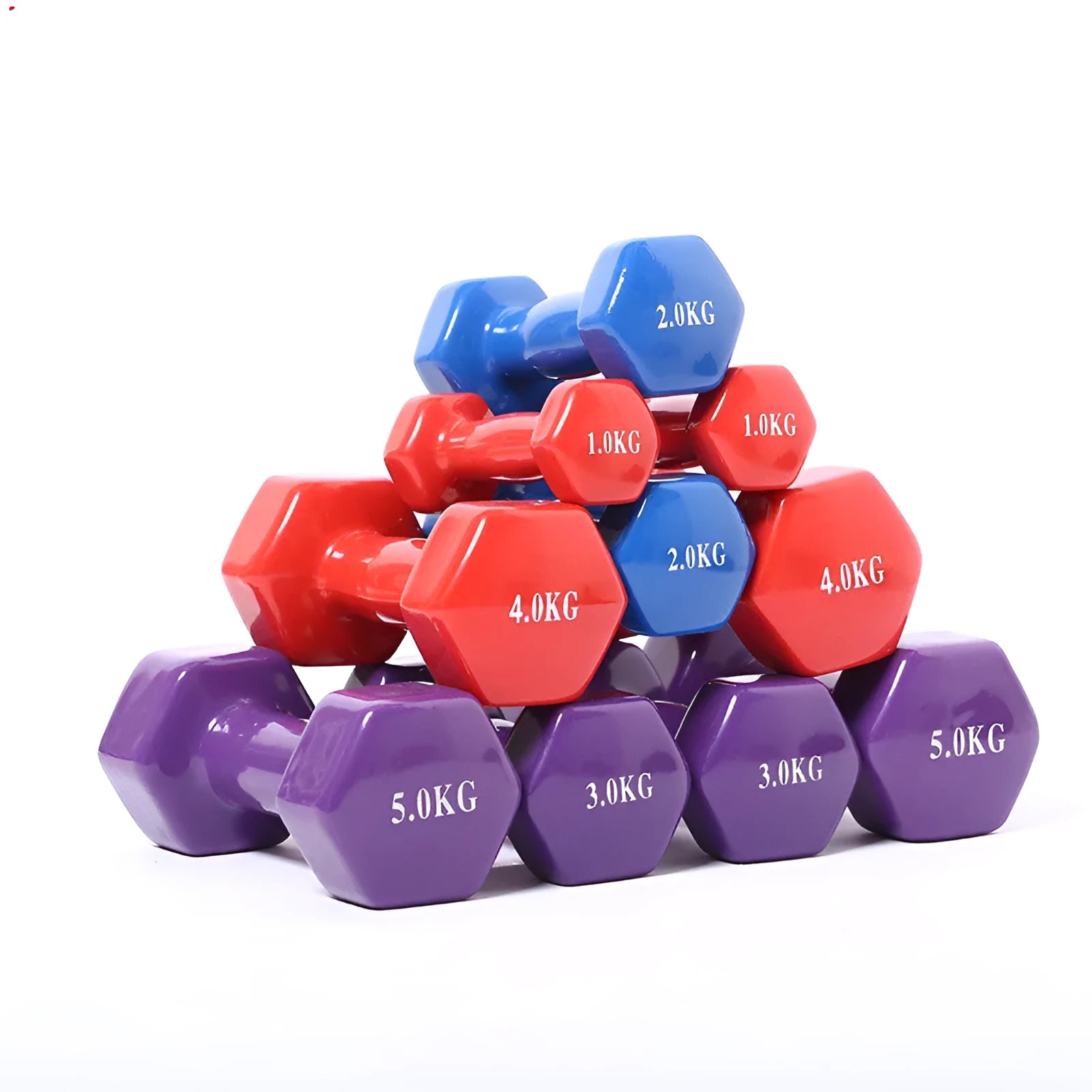 Colourful plastic-coated fitness dumbbells in bright colours for home workouts