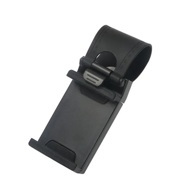 Black steering wheel phone clip mount holding smartphone for car navigation