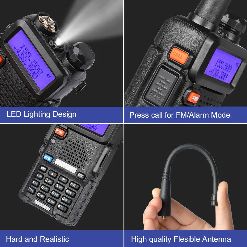 Dual-band walkie talkie with 128 channels and compact 110x58x32 mm dimensions
