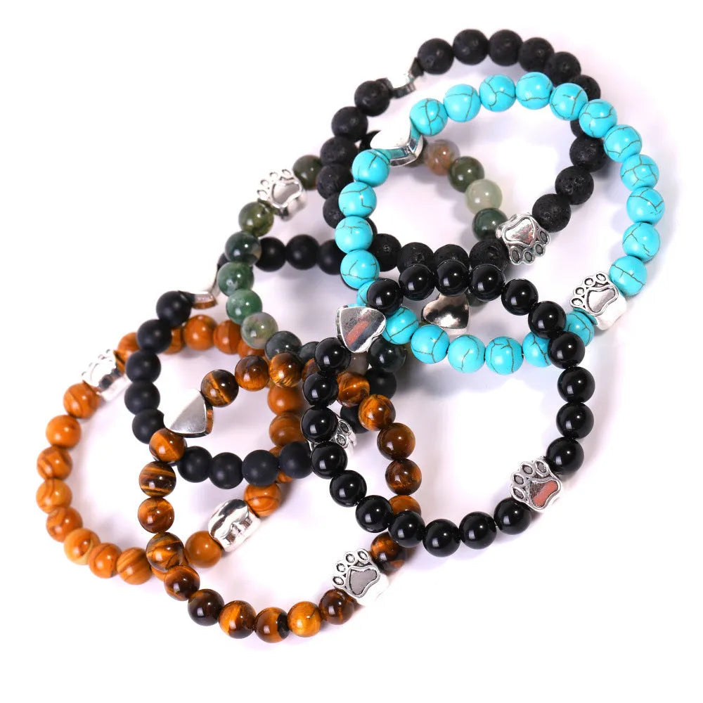 Tigereye Indian agate stone bracelet with dog's paw and love heart charms in beaded geometric design