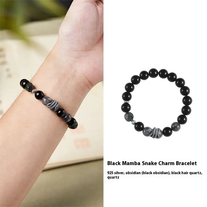 Men's retro snake bracelet in 925 sterling silver with 10mm obsidian black hair crystal