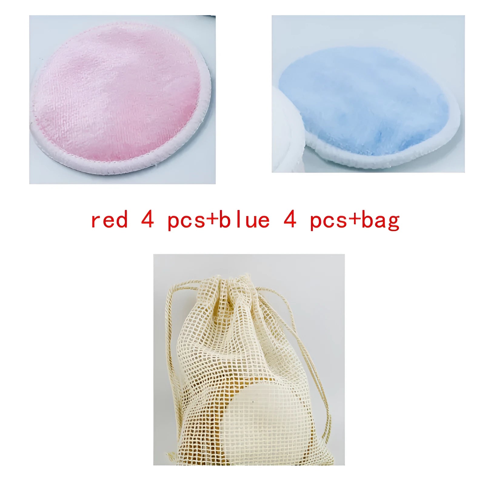 Set of velvet makeup remover pads in red and blue colours with cotton mesh storage bag