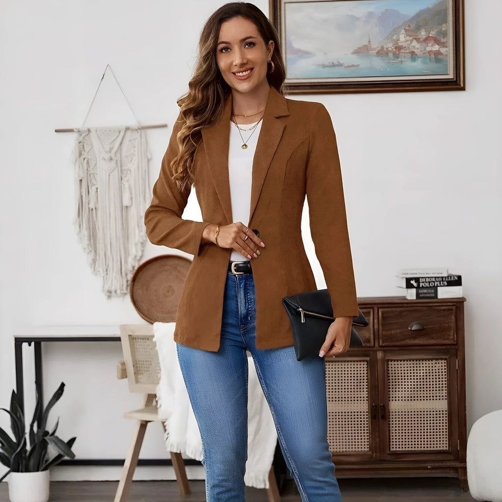 Brown single-breasted suit coat with lapel collar and long sleeves