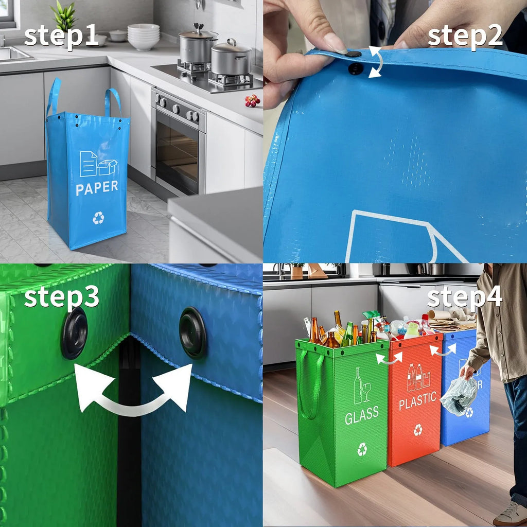 A blue 40-litre waterproof handbag-style rubbish bin made from PP plastic, shown beside furniture.