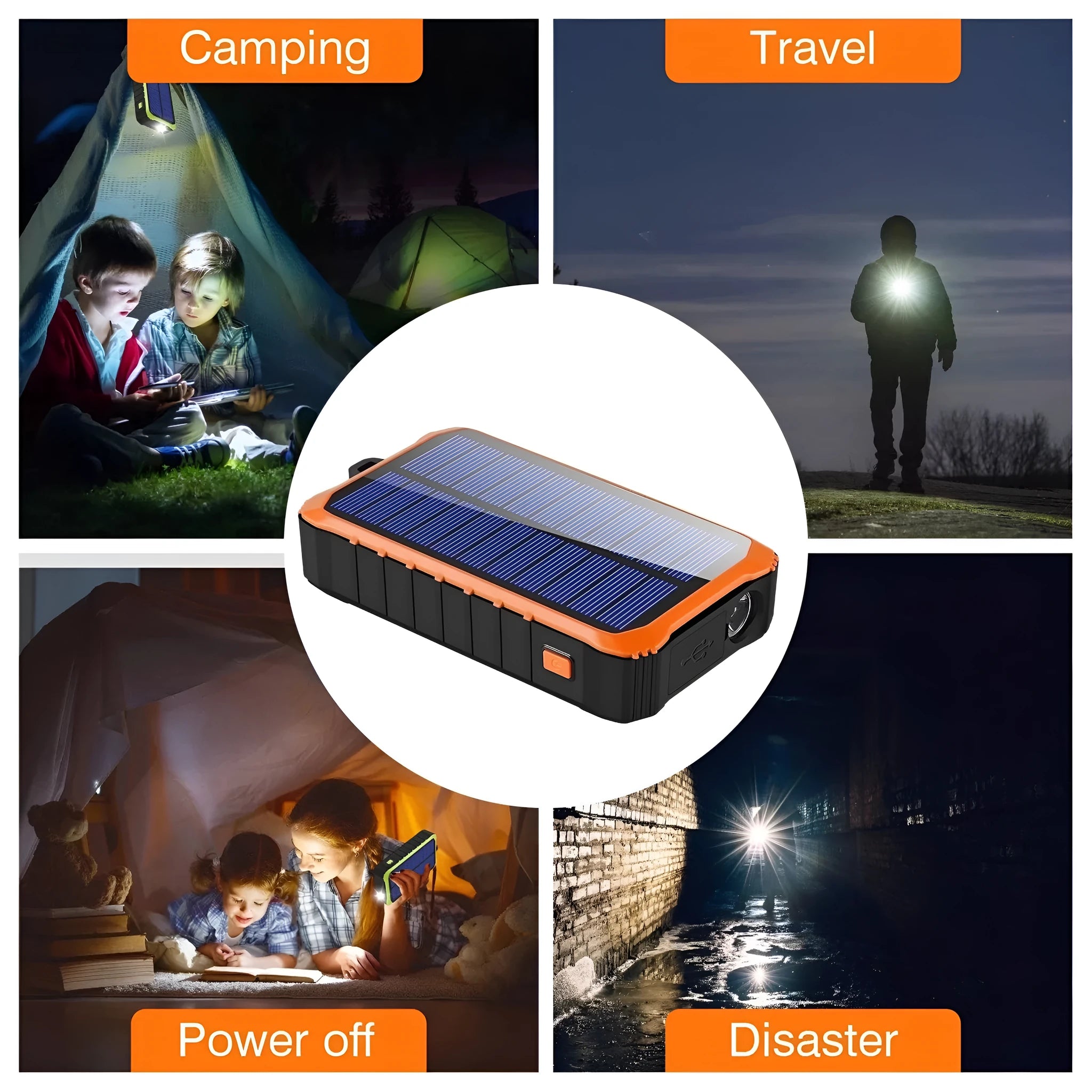 Orange and green hand solar power bank with solar panel, hand crank, dual USB ports, and LED light