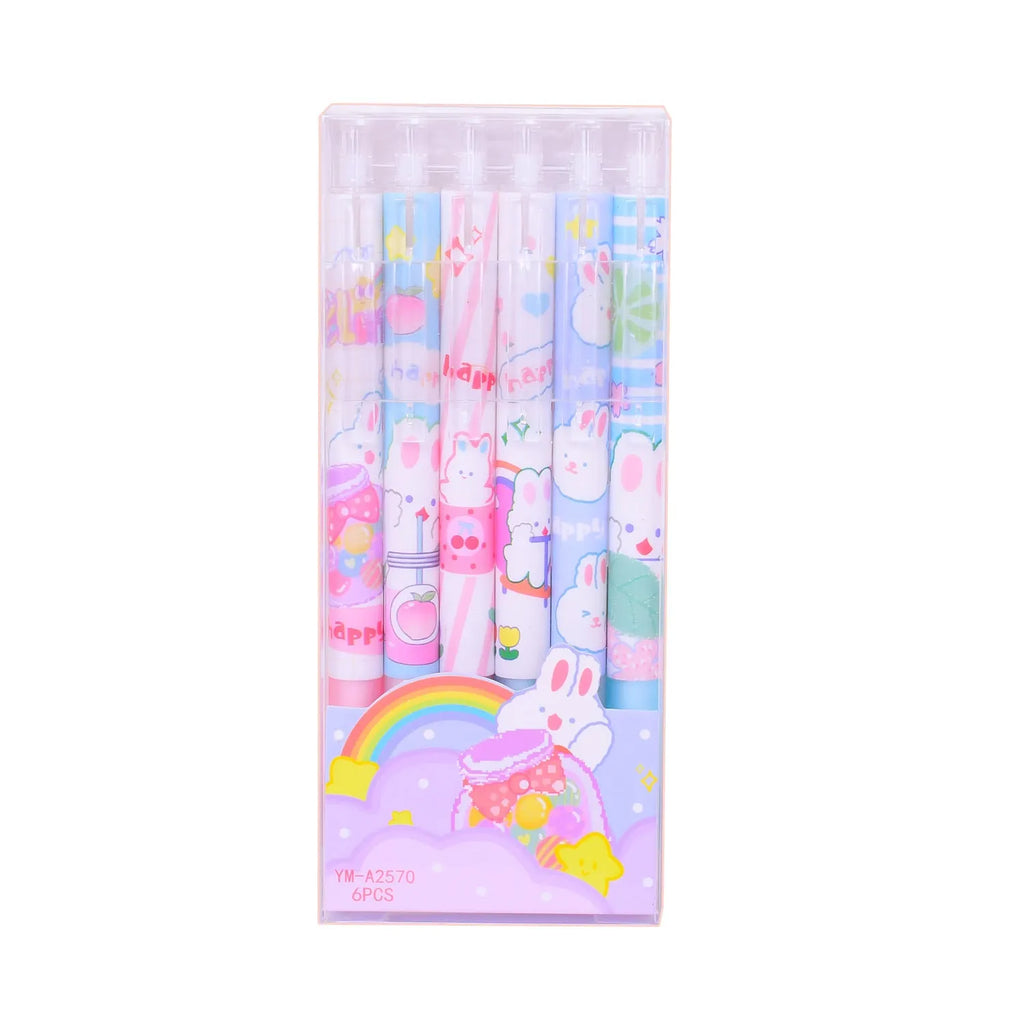 Six black cartoon bunny design ballpoint pens with 0.5mm tips arranged together