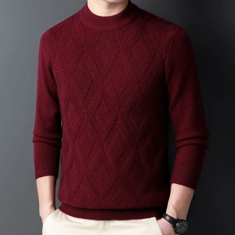 Men's thick diamond jacquard winter sweater in wool blend shown in light camel colour