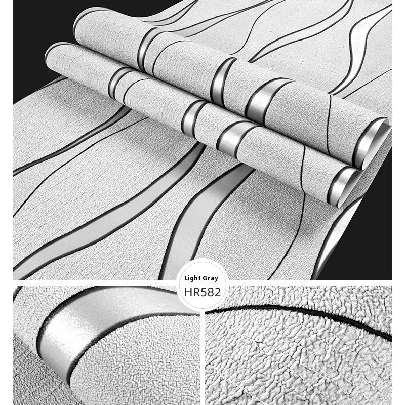 Roll of curve stripe patterned 3D wallpaper in dark brown deerskin velvet texture for video wall backgrounds.