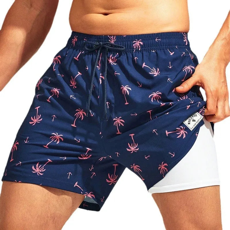 Men's loose floral pattern swimming trunks in quick-drying spandex fabric