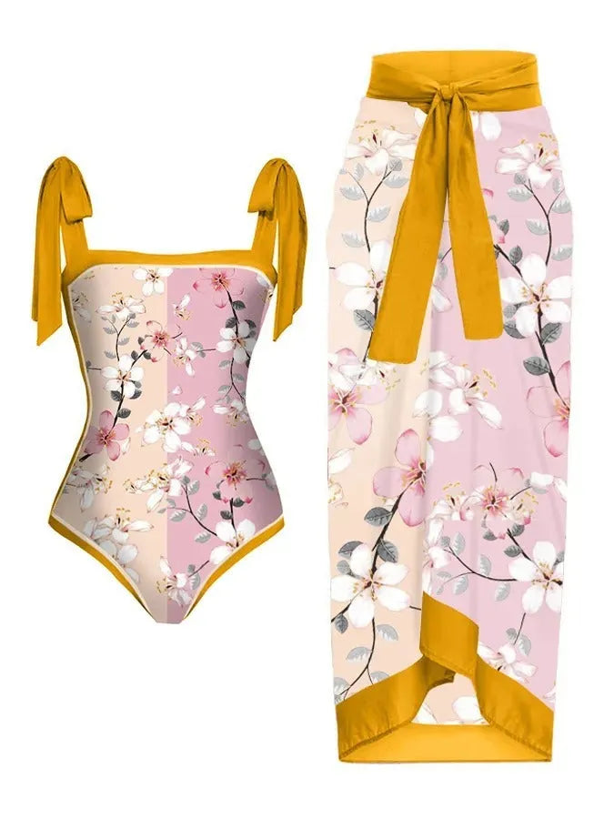 Women's floral print chiffon swimsuit with attached skirt in two-piece design