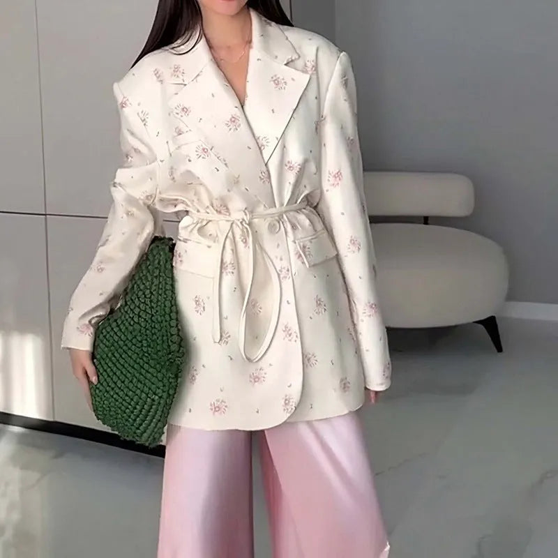 Women's collar lace-up waist-tight suit jacket in satin polyester, shown in apricot colour.