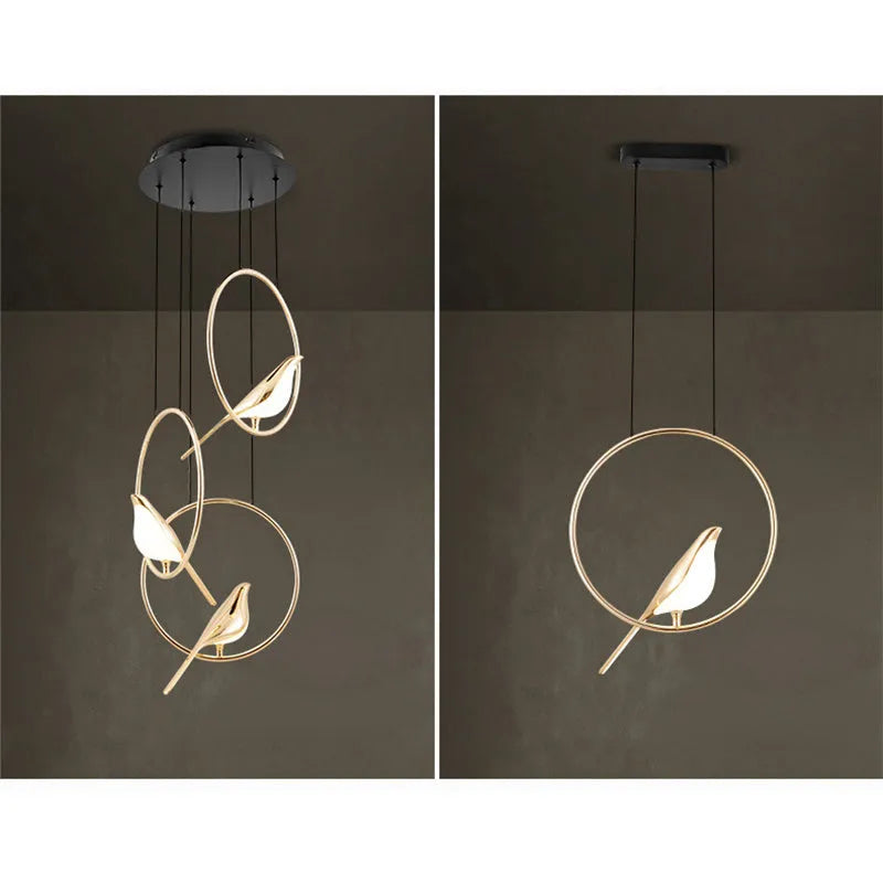 Modern minimalist magpie bird LED chandelier with zinc alloy and acrylic construction