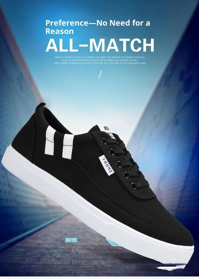 Men's black cloth cover low top canvas shoes with lace-up closure and rubber sole