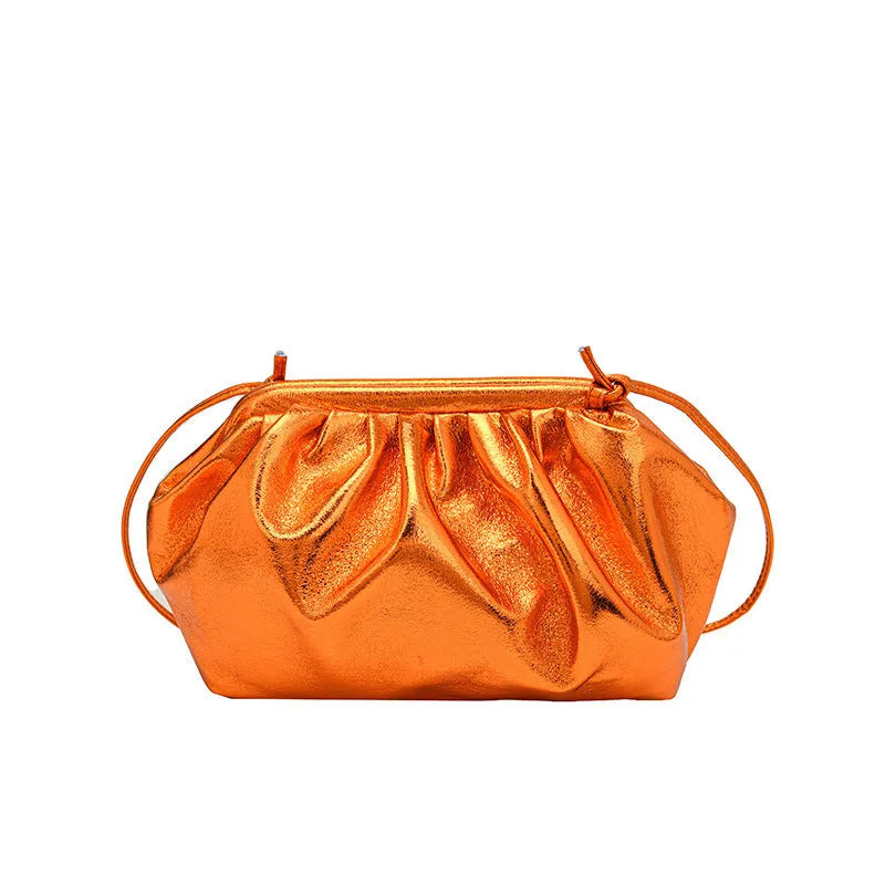 Rose Red PU leather shell-shaped crossbody bag with hair clip strap and multiple interior pockets.