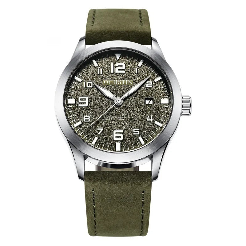 Men's automatic mechanical watch with retro leather strap showing multiple colour dial and case combinations