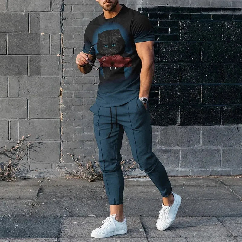 Man wearing a solid-colour short-sleeve top and matching trousers from a polyester sports set.