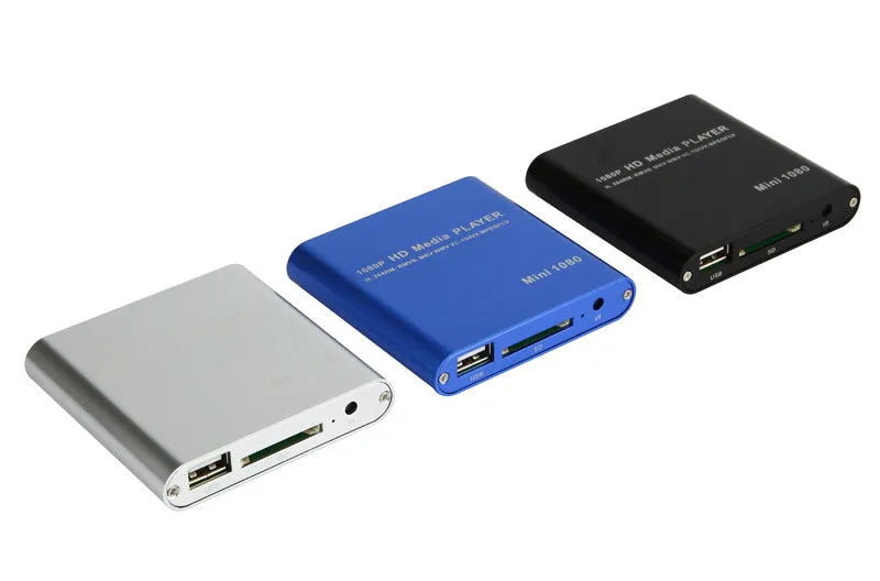 1080p Full HD media player with compact metal housing in black or blue colour
