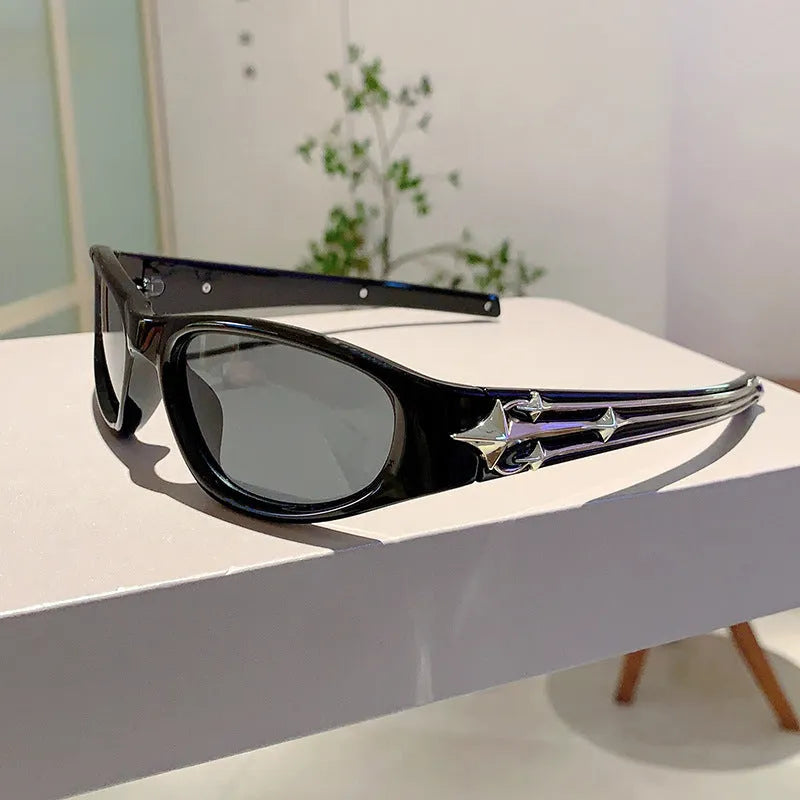Outdoor sports sunglasses with PC frame in black with blue lens, windproof design for active wear