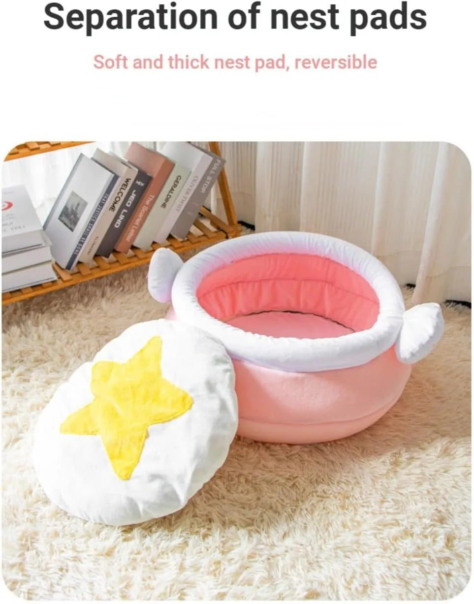 Pink honey pot-shaped cat sofa bed with magic wand decoration and a removable nest pad.