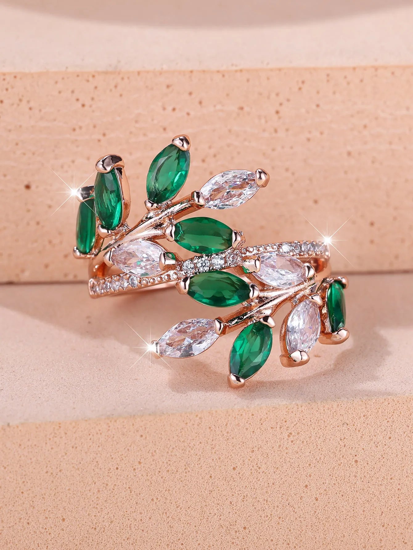 Adjustable copper leaf ring with horse eye zircon accents in multiple colour variations