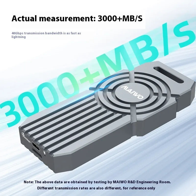Silver aluminium USB4 hard disk box for NVMe M.2 SSDs, compatible with Thunderbolt 4 laptops.