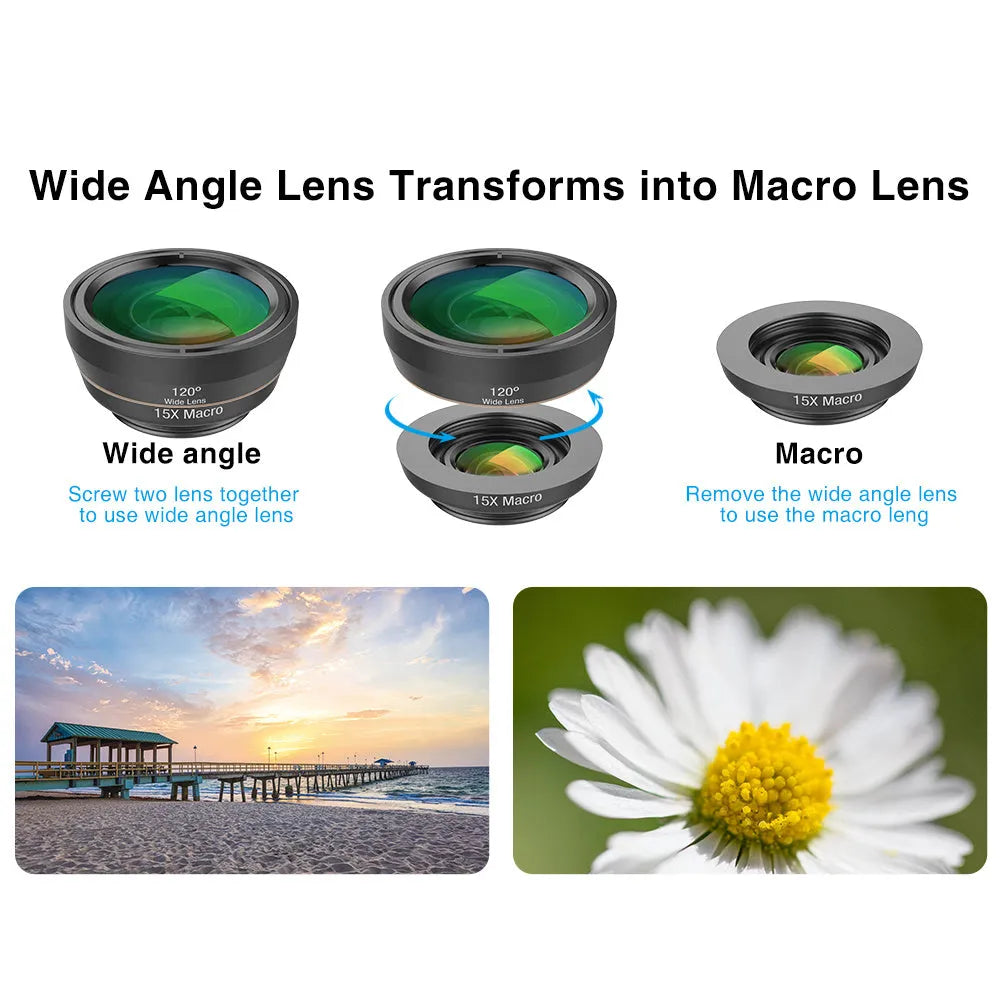 Black 6-in-1 smartphone camera lens kit with fisheye, wide-angle, telephoto, macro, CPL, and star filters on a universal clip.