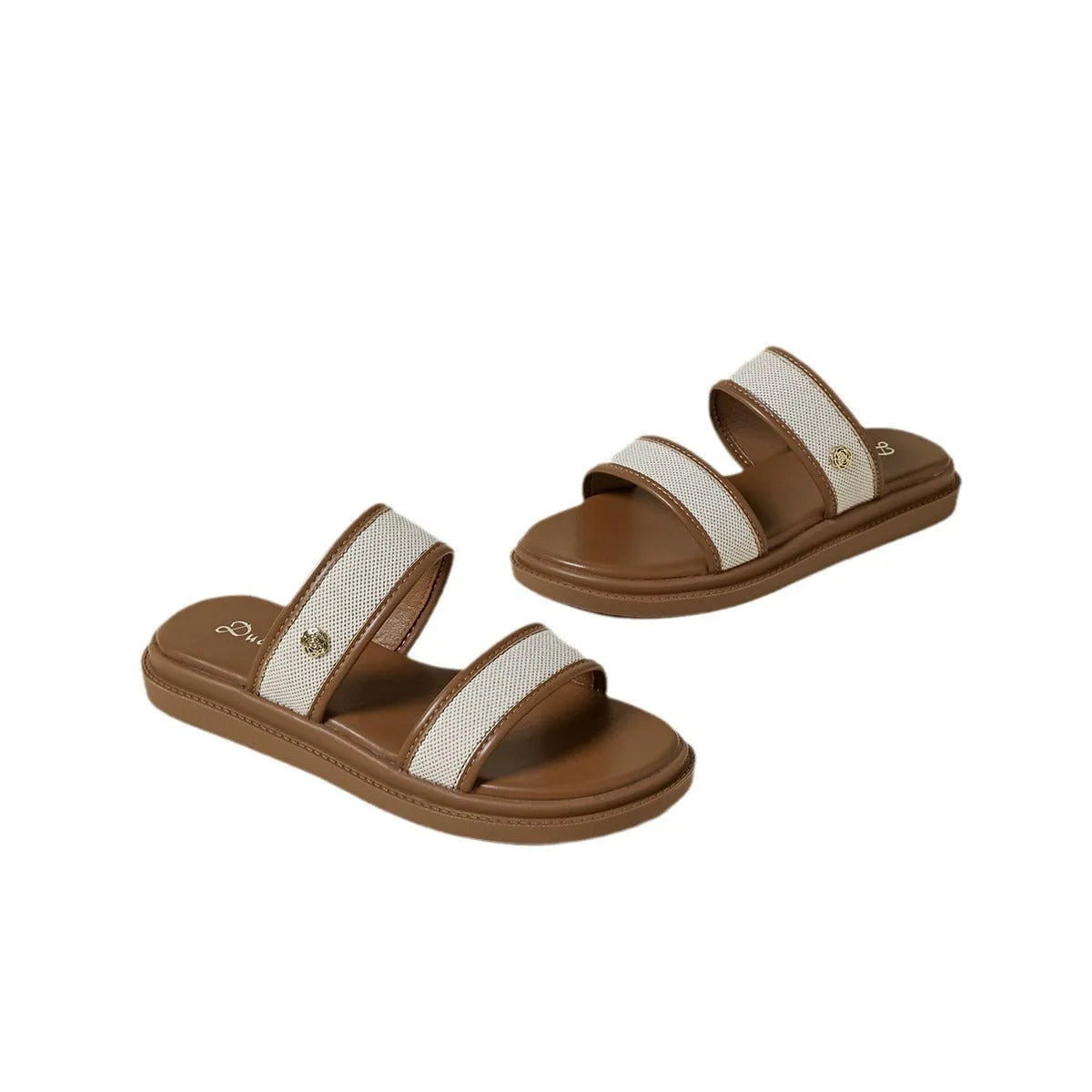 Women's brown retro soft bottom flip-flops with an artificial PU upper on a plain background.