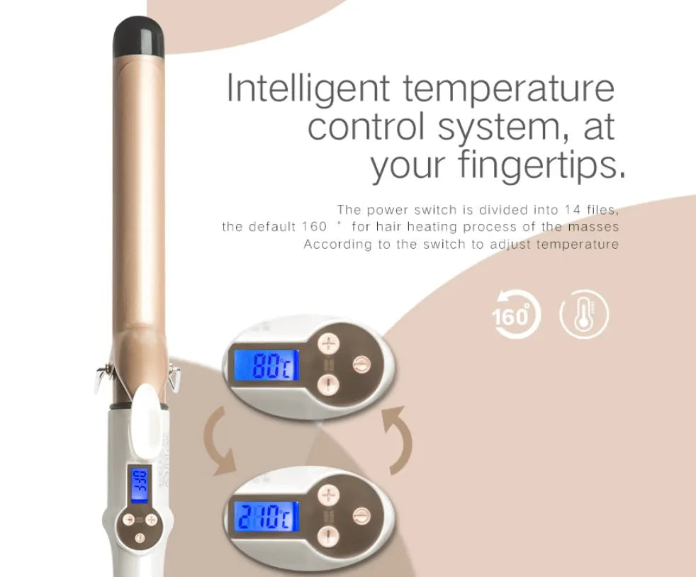 LCD curling iron with ceramic barrel and digital display, available in 19mm to 32mm sizes