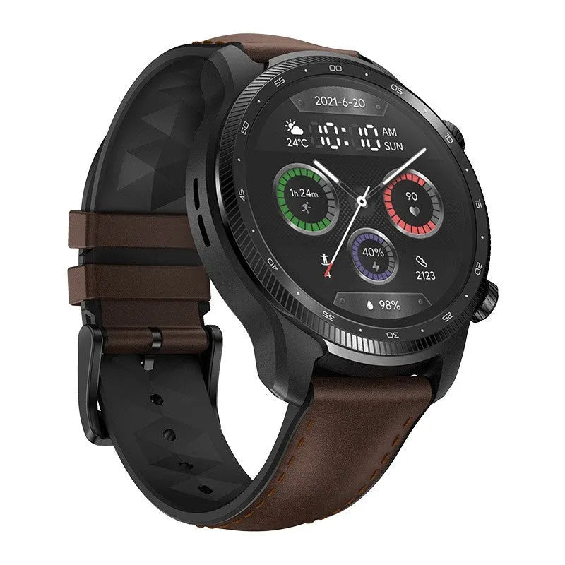 Black Ticwatch Pro X smart watch on wrist showing 47mm case and dual-layer display