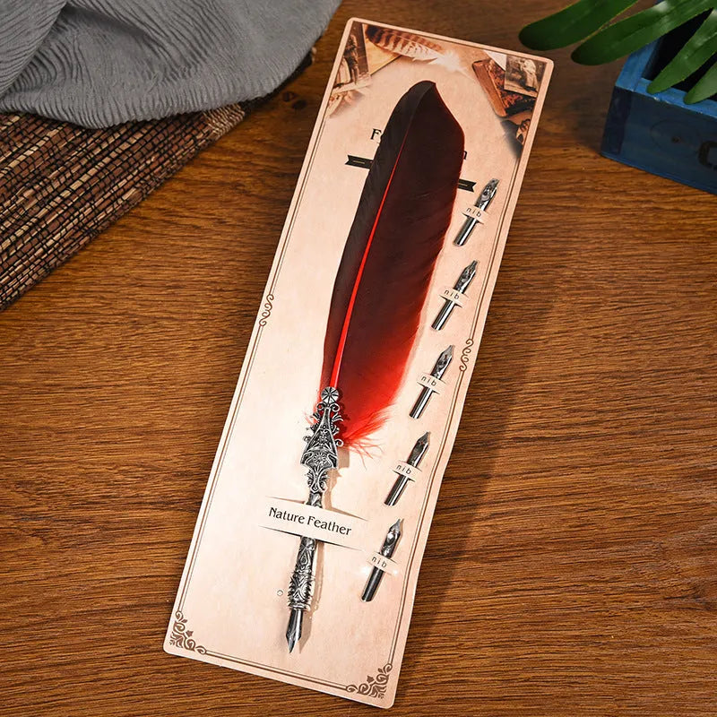 Vintage feather dip pen with zinc alloy body in multiple colour options for calligraphy