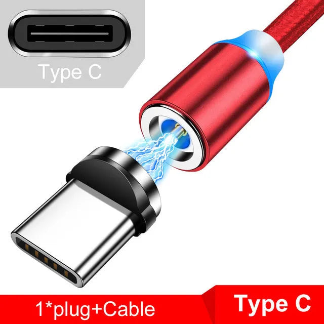 Black magnetic USB charging cable with glowing LED light indicator on a white background.
