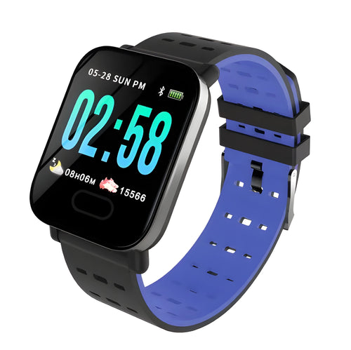 A6 smart bracelet with colour screen and silicone strap shown in black, blue, and orange colours